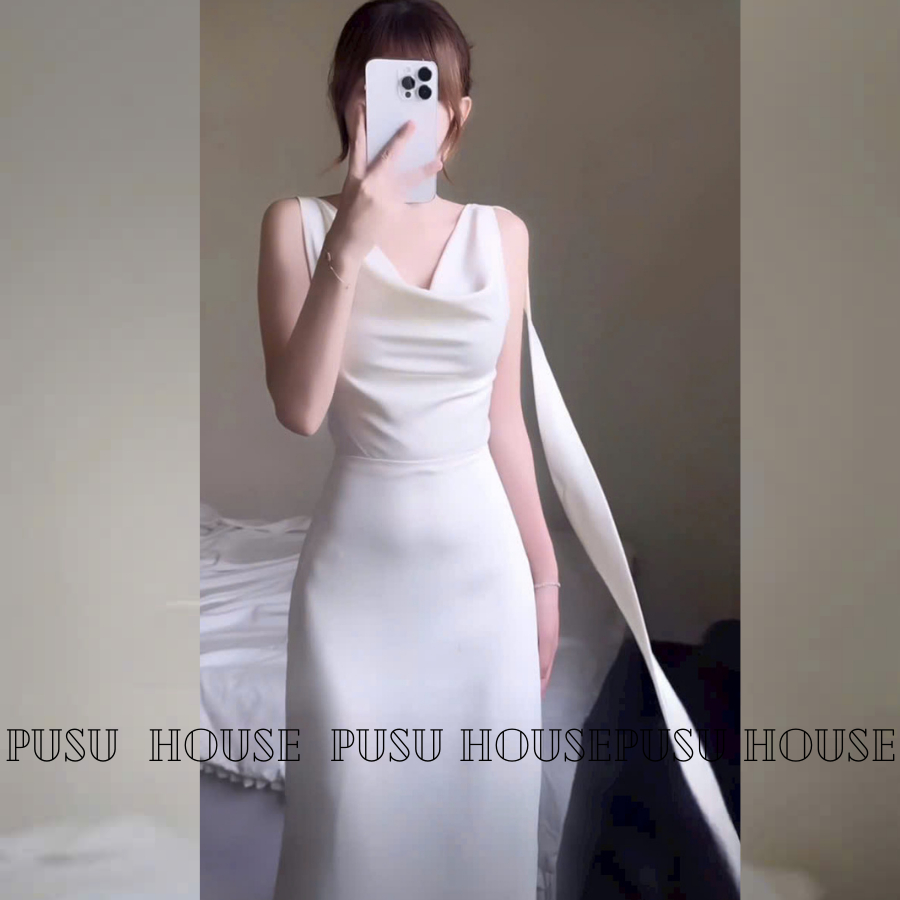 Váy Lụa Dài Trễ Vai Thướt Tha, Thiết Kế Sang Trọng Dự Tiệc-PUSU HOUSE