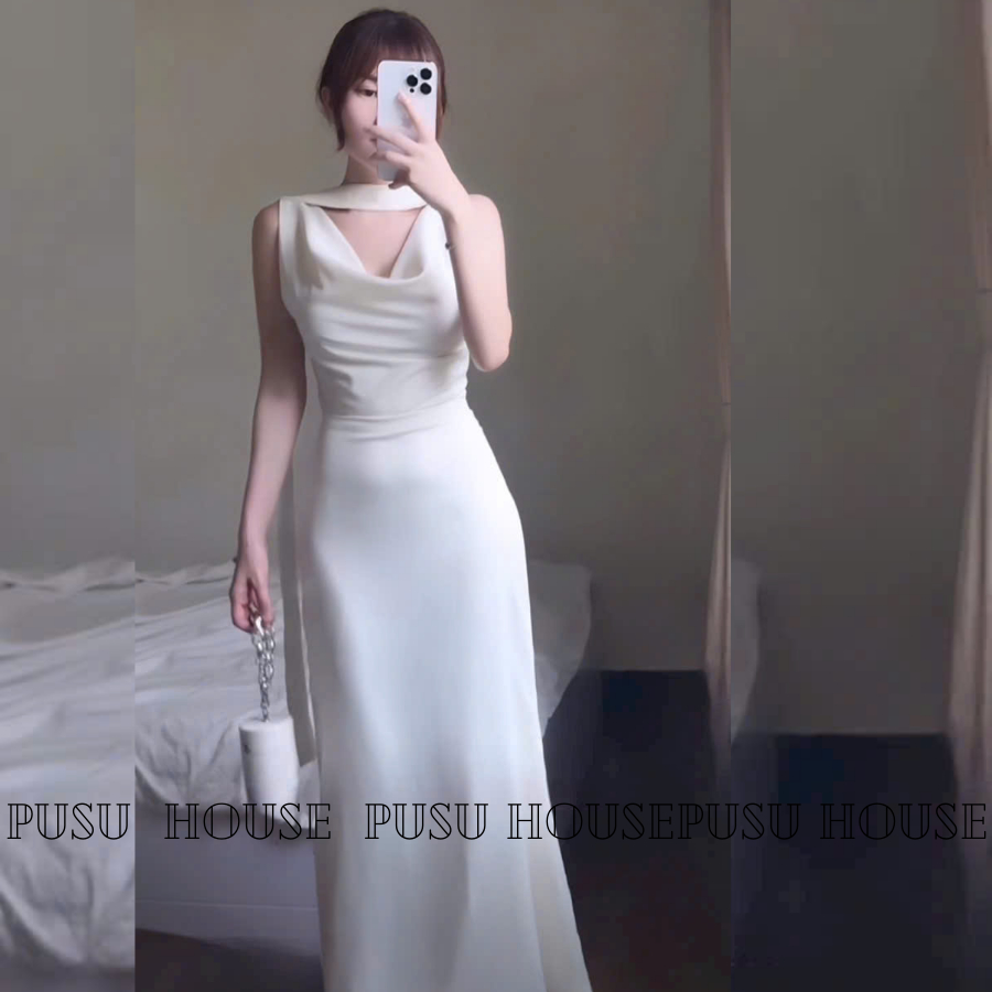 Váy Lụa Dài Trễ Vai Thướt Tha, Thiết Kế Sang Trọng Dự Tiệc-PUSU HOUSE