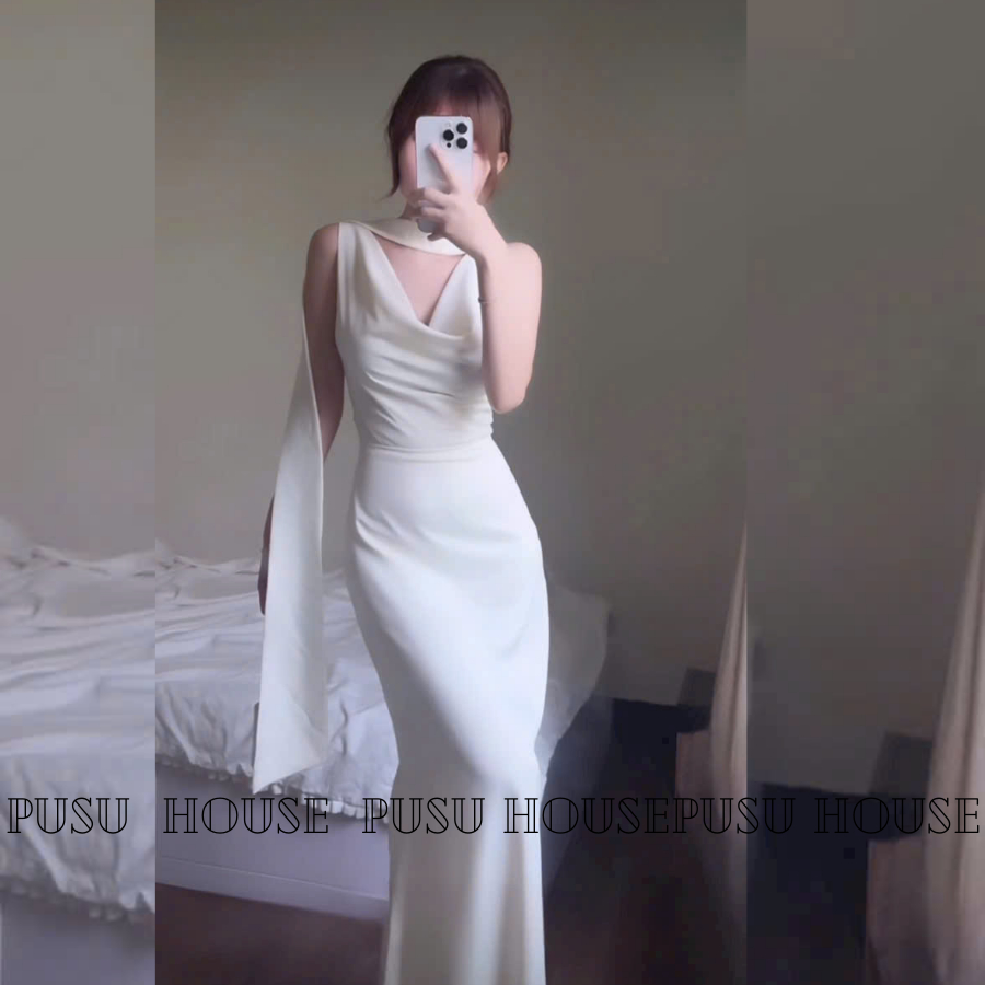 Váy Lụa Dài Trễ Vai Thướt Tha, Thiết Kế Sang Trọng Dự Tiệc-PUSU HOUSE