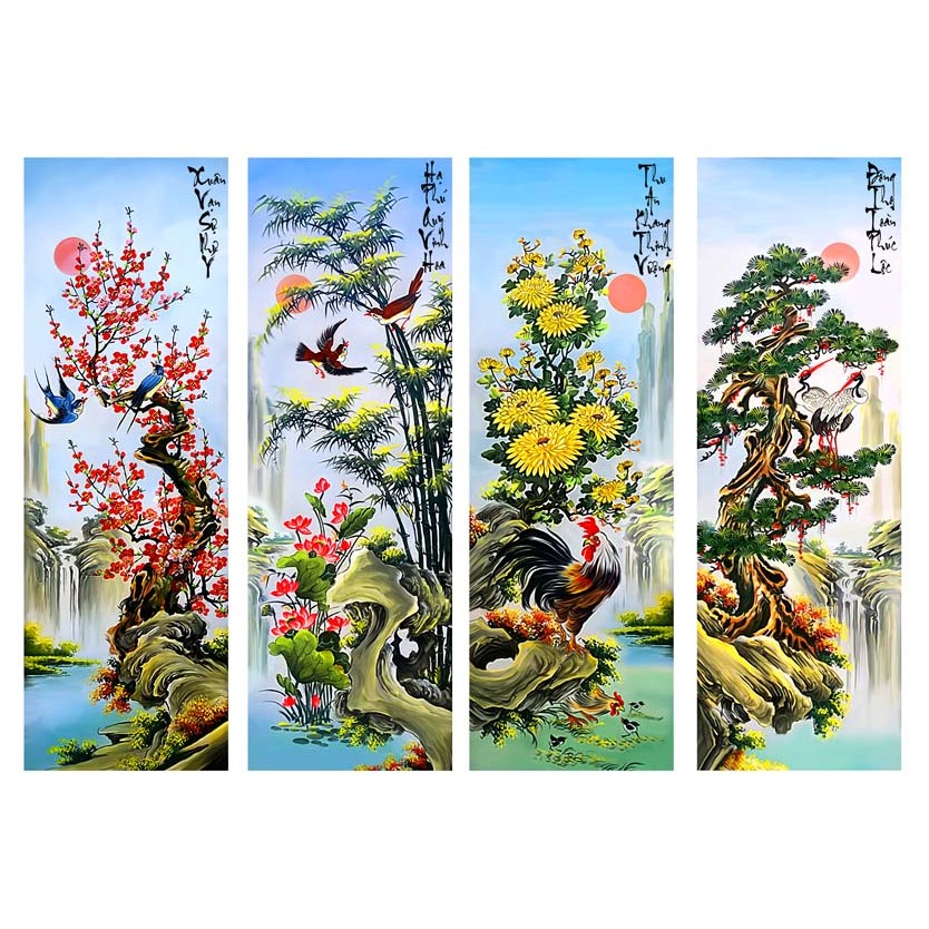 Tranh lụa tứ quý Phúc Lộc Thọ, trang trí phòng khách phong thủy