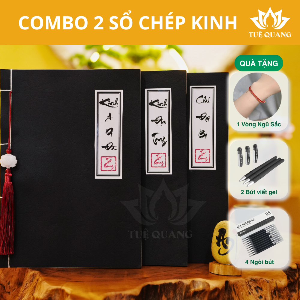 Sổ chép Kinh Combo 2 quyển vở chép Kinh In Mờ Giấy Cổ Cao Cấp (Tặng Bút, Ngòi bút, Vòng) - Tuệ Quang
