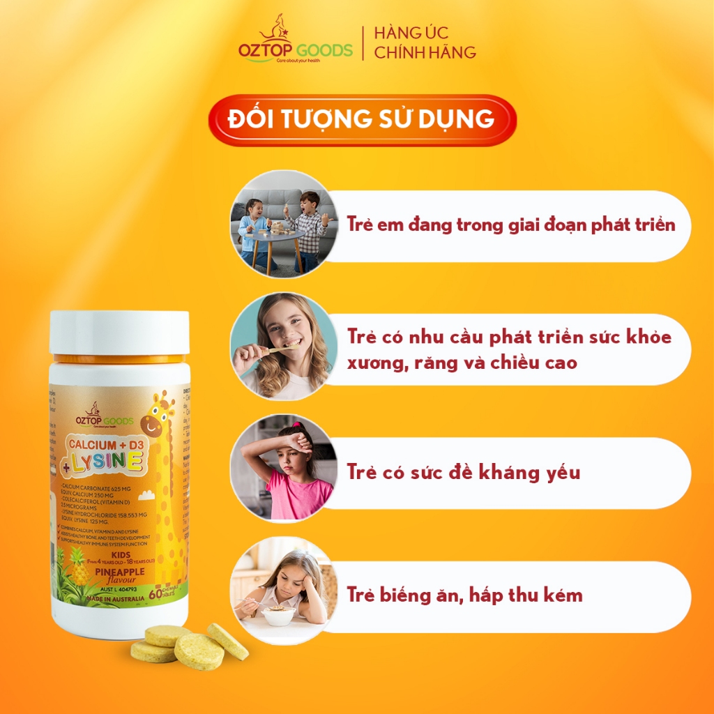 Product image Kẹo Tăng Chiều Cao Trẻ Em CALCIUM + D3 + LYSINE, Hỗ Trợ Phát Triển Chiều Cao, Xương Chắc Khỏe, Hộp 60 Viên - Oztop Goods 4
