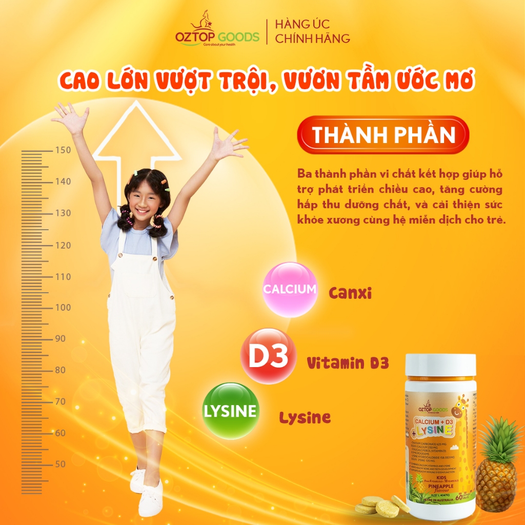 Product image Kẹo Tăng Chiều Cao Trẻ Em CALCIUM + D3 + LYSINE, Hỗ Trợ Phát Triển Chiều Cao, Xương Chắc Khỏe, Hộp 60 Viên - Oztop Goods 2