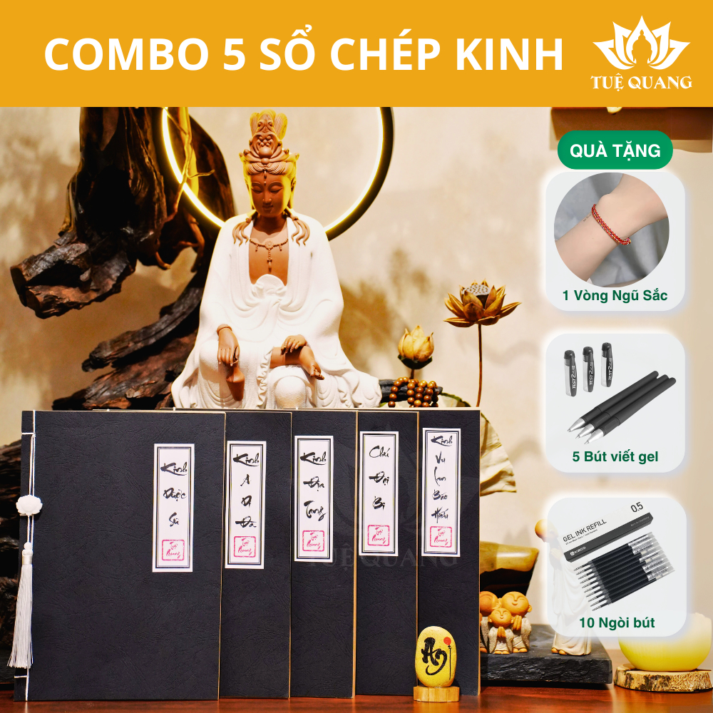 Sổ chép Kinh Combo 5 quyển vở chép Kinh In Mờ Giấy Cổ Cao Cấp (Tặng Bút, Ngòi bút, Vòng) - Tuệ Quang