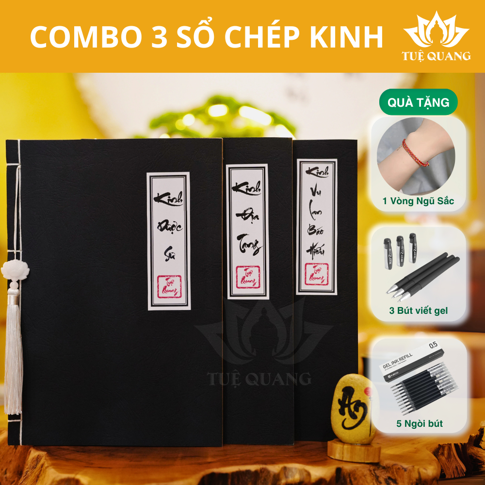 Sổ chép Kinh Combo 3 quyển vở chép Kinh In Mờ Giấy Cổ Cao Cấp (Tặng Bút, Ngòi bút, Vòng) - Tuệ Quang