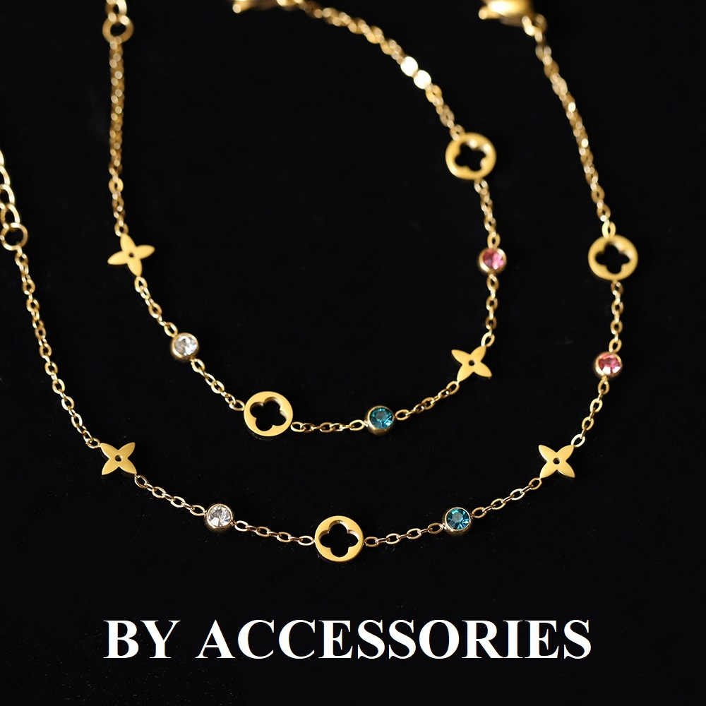 Lắc tay nữ titan hoa lá phối đá tròn nhiều màu sắc mạ vàng 18K xinh xắn không gỉ WB2422