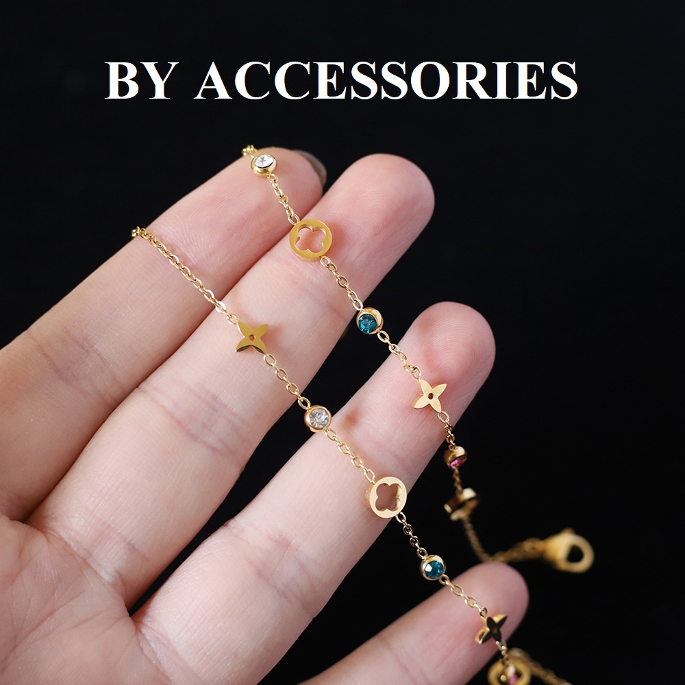 Lắc tay nữ titan hoa lá phối đá tròn nhiều màu sắc mạ vàng 18K xinh xắn không gỉ WB2422