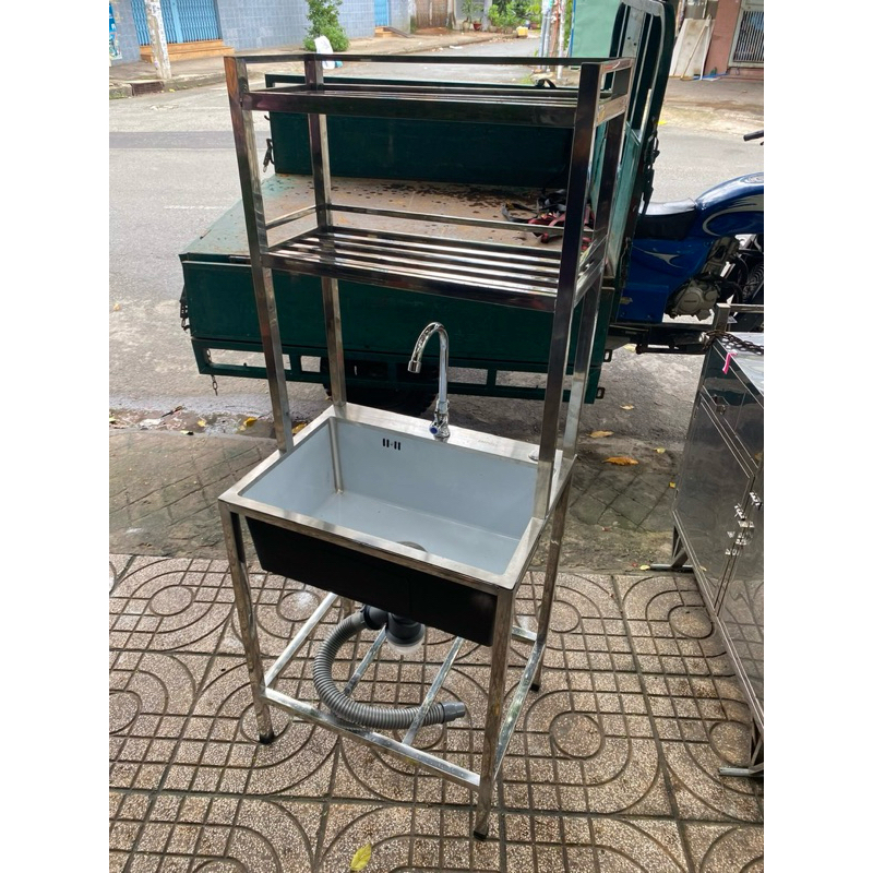 Chậu Rửa Inox 1 Hộc Có Kệ Chén 2 Tầng – Inox 100% – Dùng Cho Quán Ăn, Gia Đình