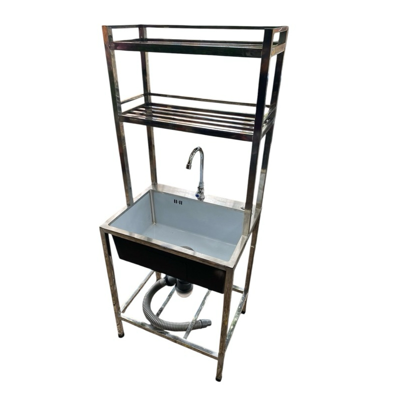 Chậu Rửa Inox 1 Hộc Có Kệ Chén 2 Tầng – Inox 100% – Dùng Cho Quán Ăn, Gia Đình