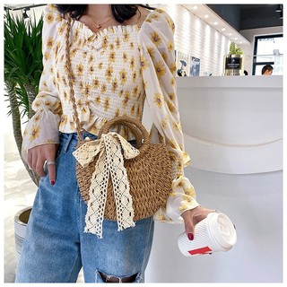 Túi cói đi biển bán nguyệt xách tay Vintage nhỏ