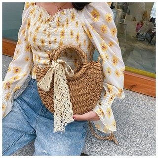 Túi cói đi biển bán nguyệt xách tay Vintage nhỏ