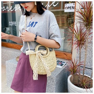 Túi cói đi biển bán nguyệt xách tay Vintage nhỏ