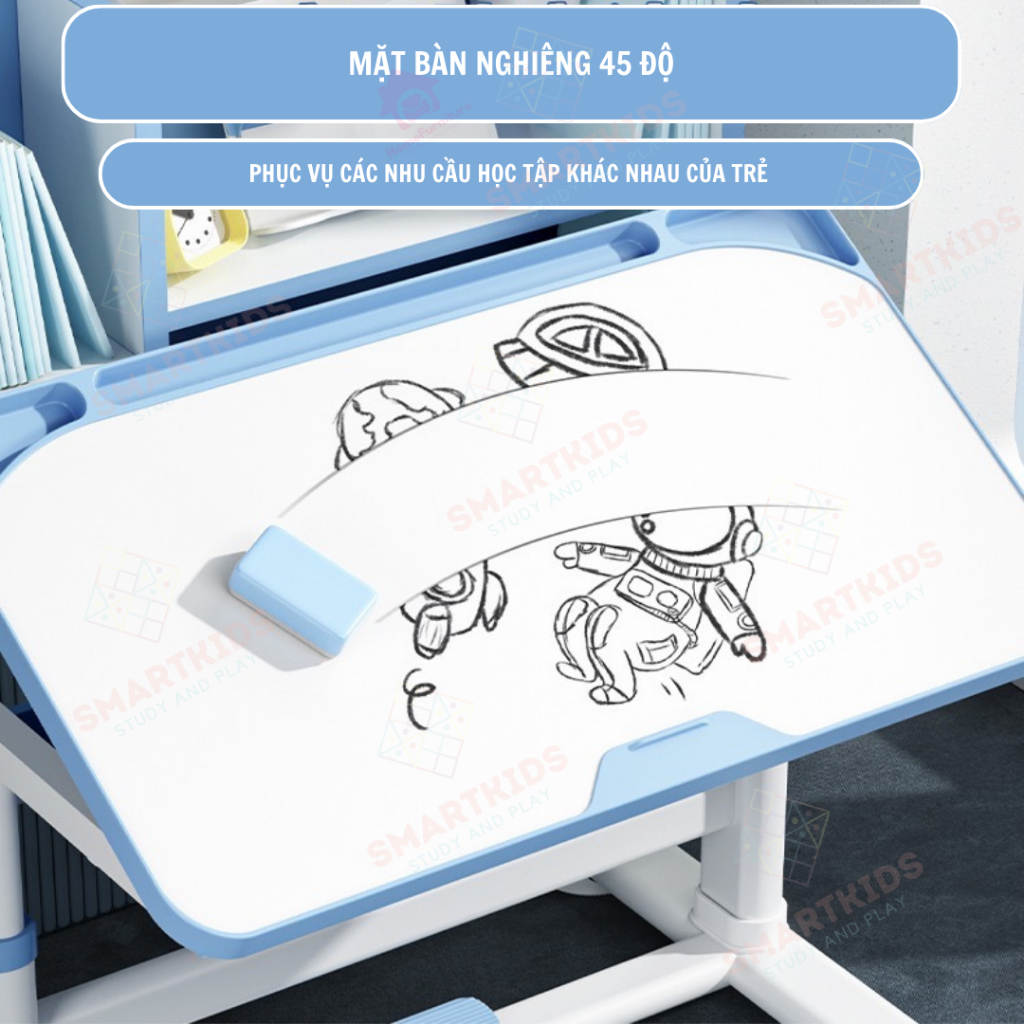 Bộ Bàn học chống gù C12 Cải Tiến Smartkids size lớn 60x80, mặt bàn nghiêng 2/3 bằng piston, có ngăn kéo