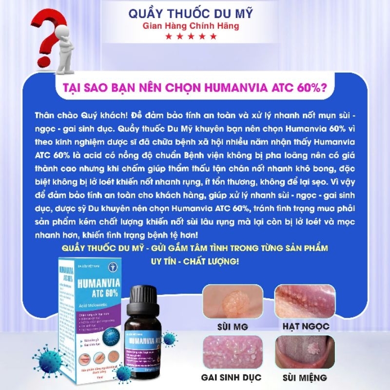 Humanvia ATC 60% thổi bay sùi mào gà mụn cóc mụn gai sd hạt ngọc Quầy thuốc Du Mỹ