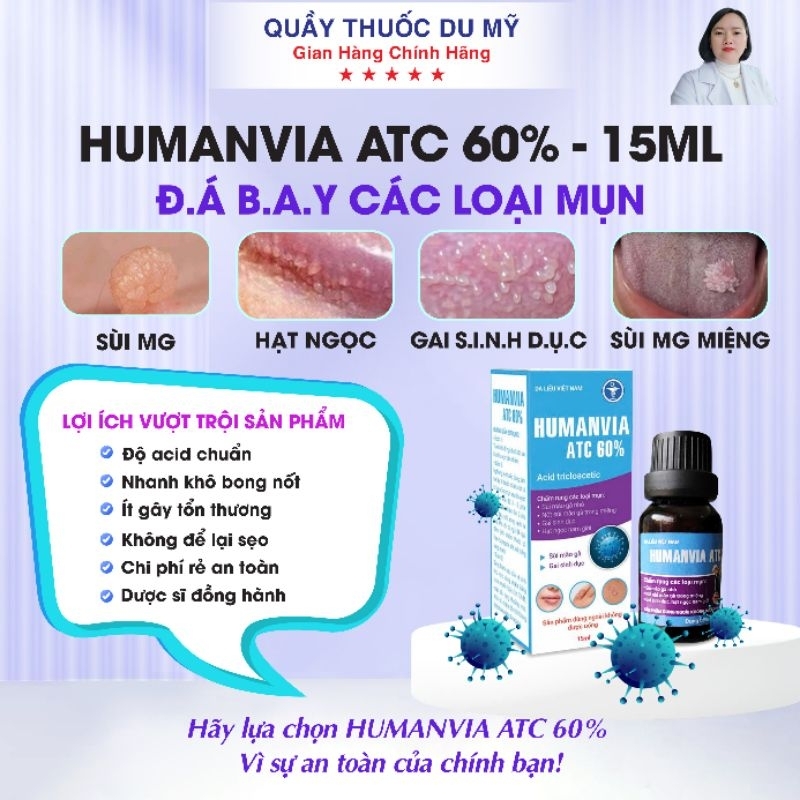Combo Thổi bay nấm ngứa mụn li ti ,sùi mào gà gồm 1 lọ chấm mụn HUMANVIA ATV 60% ,1 lọ rửa vs nam nữ ALPHAMYCRON 30 viên