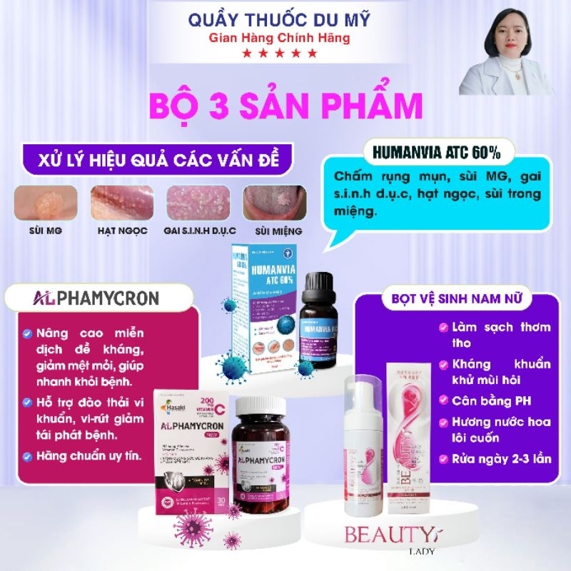 Combo Thổi bay nấm ngứa mụn li ti ,sùi mào gà gồm 1 lọ chấm mụn HUMANVIA ATV 60% ,1 lọ rửa vs nam nữ ALPHAMYCRON 30 viên