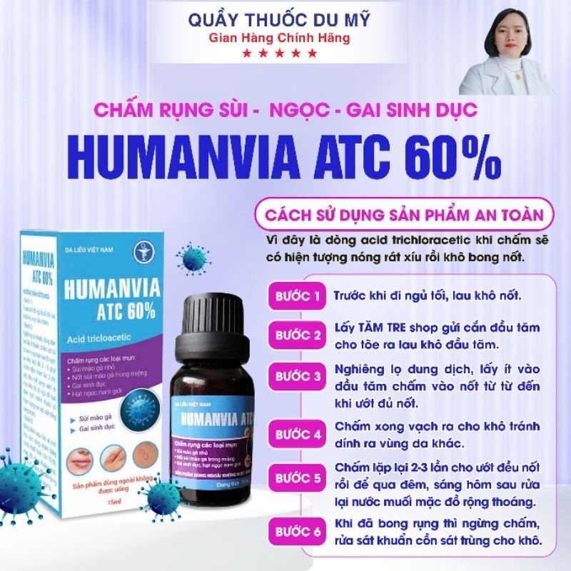 Combo Thổi bay nấm ngứa mụn li ti ,sùi mào gà gồm 1 lọ chấm mụn HUMANVIA ATV 60% ,1 lọ rửa vs nam nữ ALPHAMYCRON 30 viên