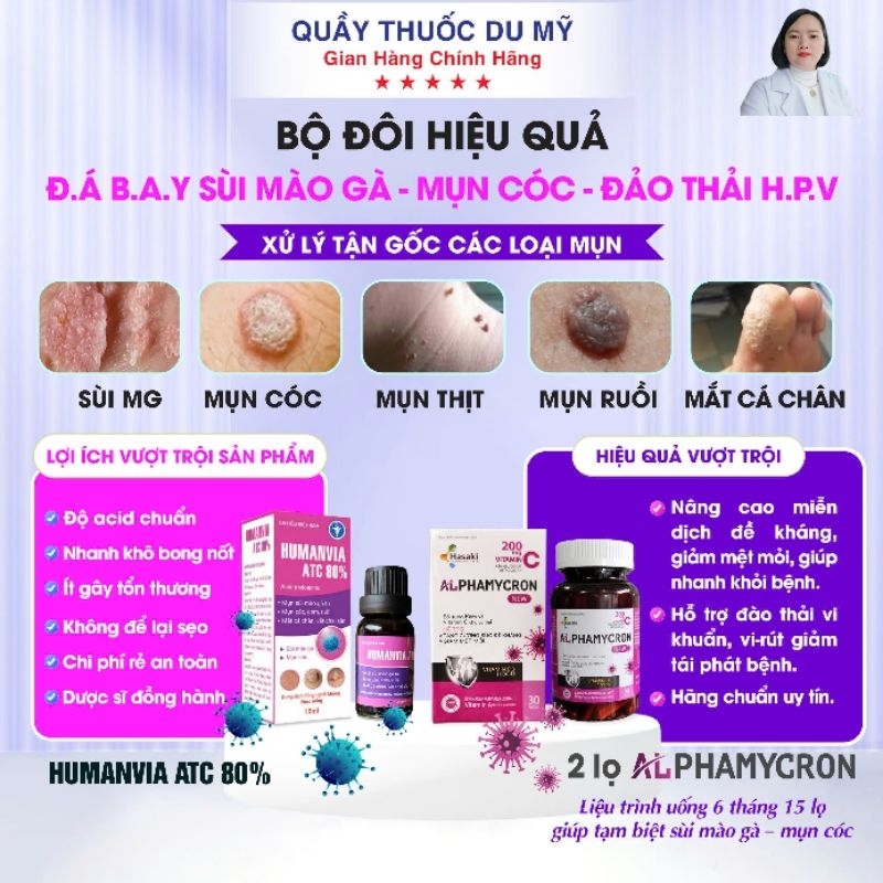 Combo chấm sùi ,mụn cóc,mắt cá chân humanvia atc 80% và 2 hộp viên uống alphamycron 30 vien