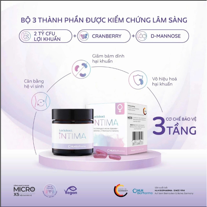 Men vi sinh phụ nữ Lactobact Intima bổ sung lợi khuẩn, D-Mannose nhập khẩu Đức hộp 60 viên