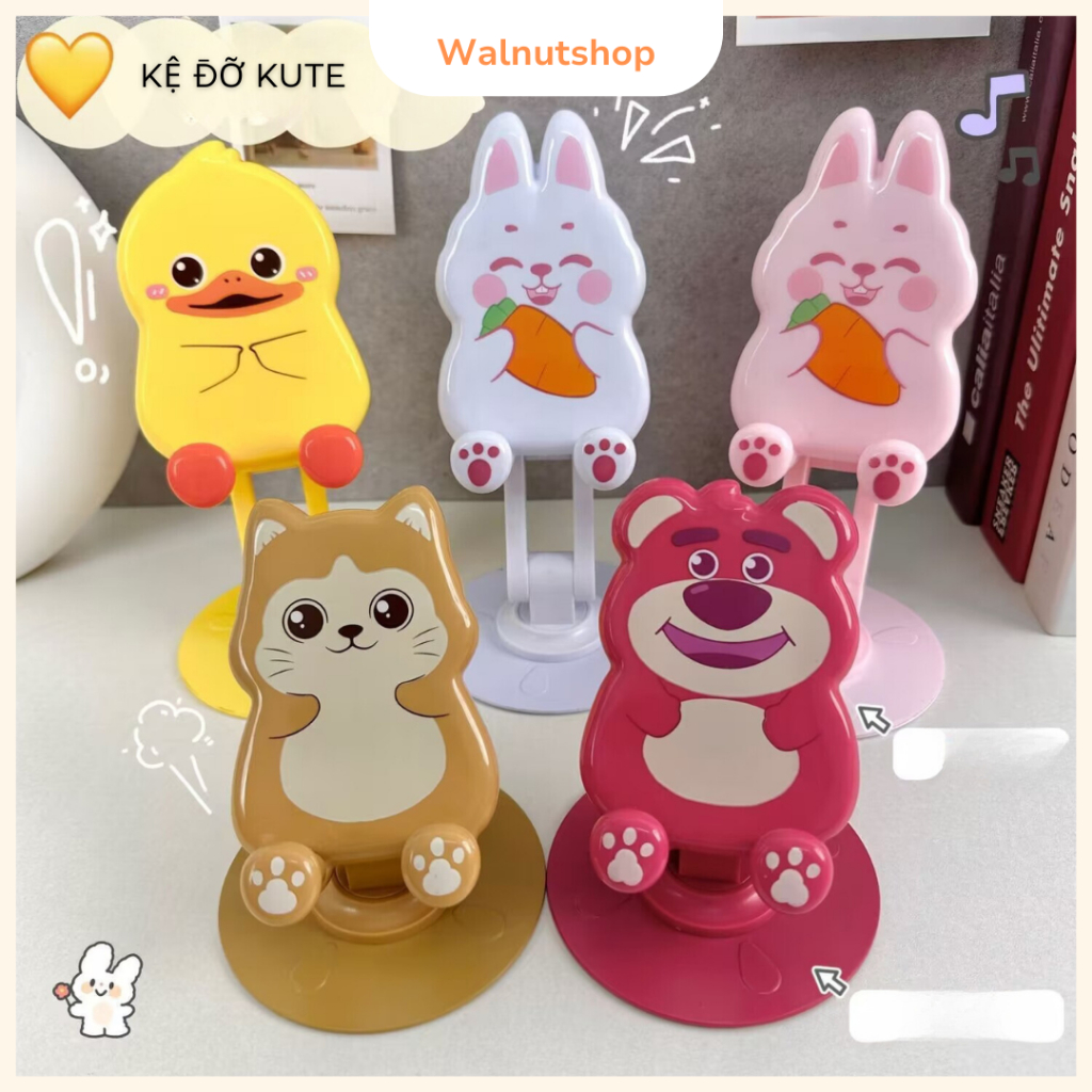 Kệ đỡ điện thoại để bàn hình gấu dâu, vịt, thỏ, mèo kute xoay 360 độ ...