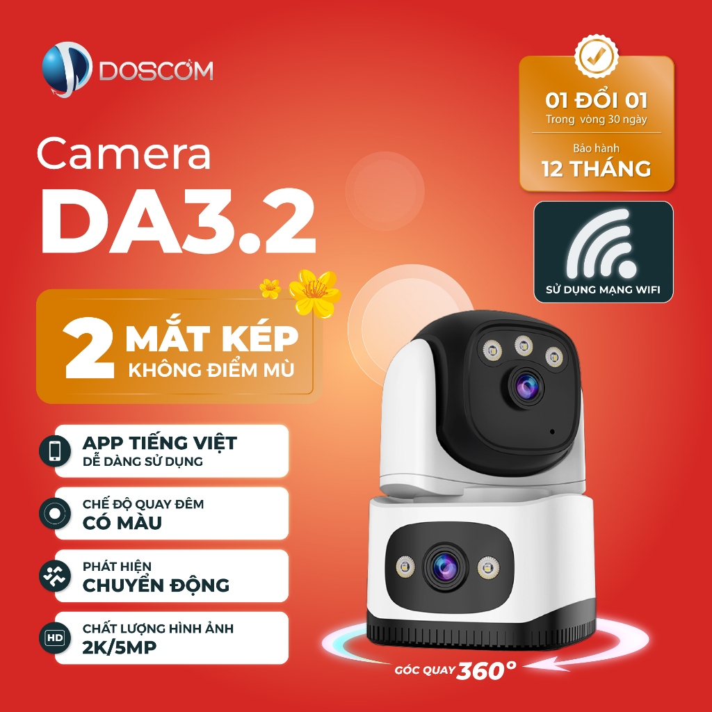 Camera Wifi 2 Mắt Doscom DA3.2, Ống Kính Kép, Zoom Quang Học, Đàm Thoại ...