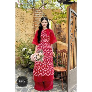 Set ÁO DÀI cách tân nữ màu sắc dịu dàng áo voan tơ in hoa 2 lớp cổ tròn cột nơ tay lỡ phối quần suông vải lụa xinh