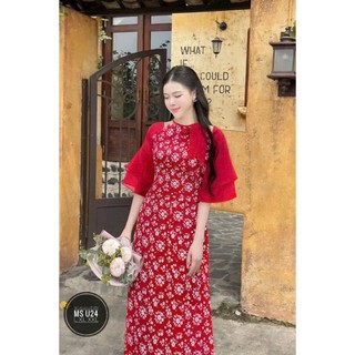 Set ÁO DÀI cách tân nữ màu sắc dịu dàng áo voan tơ in hoa 2 lớp cổ tròn cột nơ tay lỡ phối quần suông vải lụa xinh