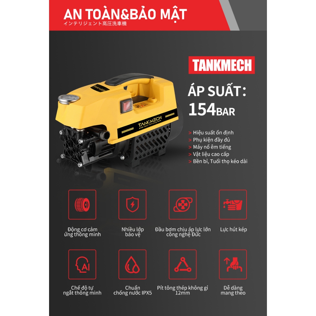 Máy Xịt Rửa Xe Cầm Tay TankMech QXJ-08 Kèm Súng Rửa Xe Áp Lực Cao, Dây Nối 15m, Dây Hút Nước, Bình Tạo Tuyết