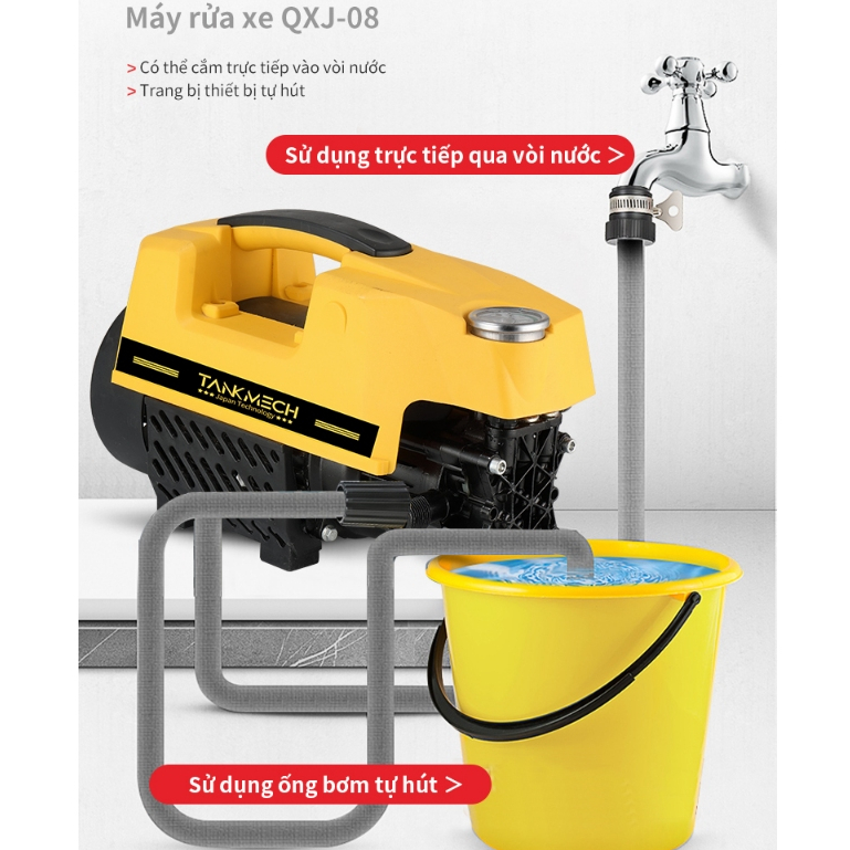 Máy Xịt Rửa Xe Cầm Tay TankMech QXJ-08 Kèm Súng Rửa Xe Áp Lực Cao, Dây Nối 15m, Dây Hút Nước, Bình Tạo Tuyết