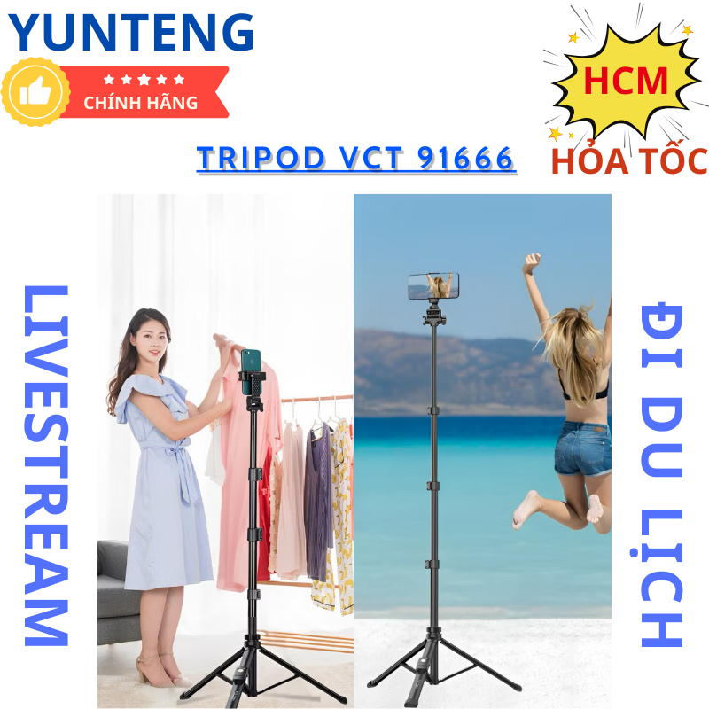 Gậy chụp ảnh điện thoại Yunteng VCT-91666 – Tripod 3 chân cao 1m6, gấp gọn 43cm, kèm remote Bluetooth chụp từ xa