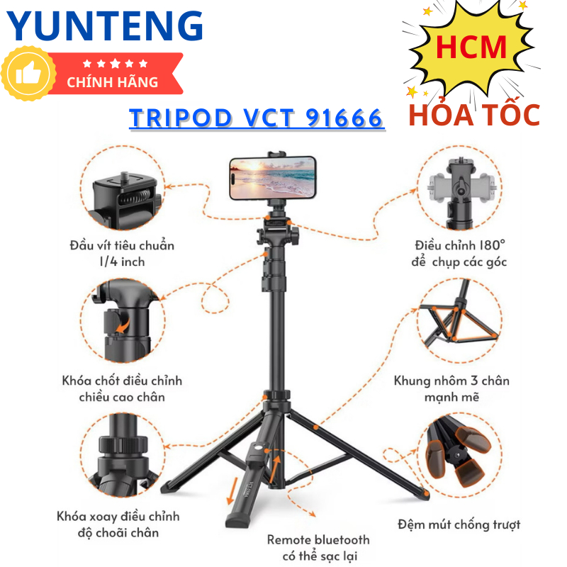 Gậy chụp ảnh điện thoại Yunteng VCT-91666 – Tripod 3 chân cao 1m6, gấp gọn 43cm, kèm remote Bluetooth chụp từ xa