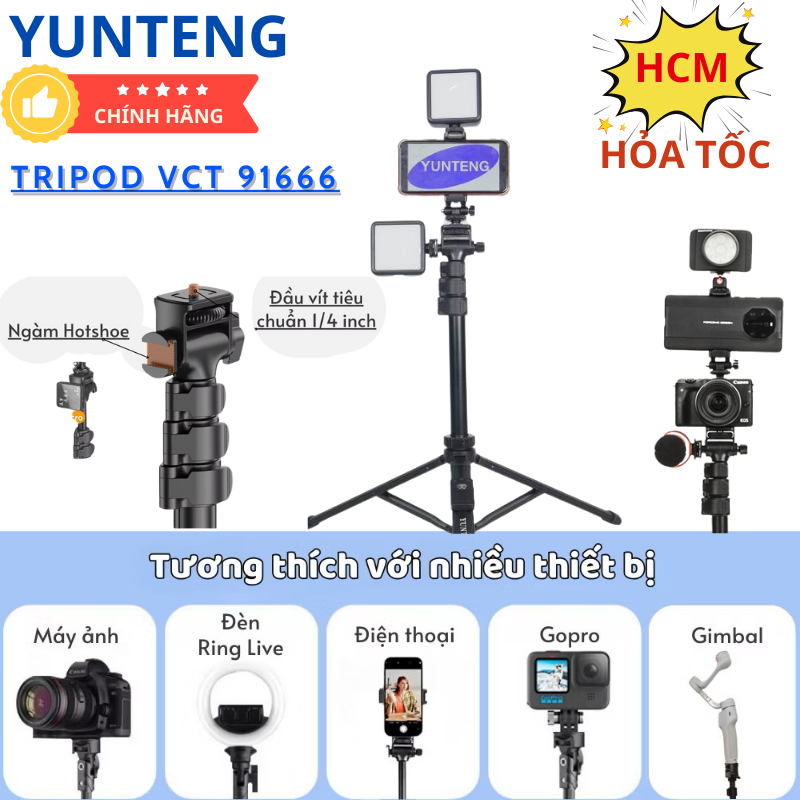 Gậy chụp ảnh điện thoại Yunteng VCT-91666 – Tripod 3 chân cao 1m6, gấp gọn 43cm, kèm remote Bluetooth chụp từ xa