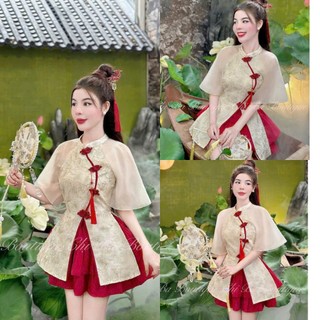 Set váy nữ kiểu trung hoa mặc chơi Tết duyên dáng áo tơ thêu hoa nút chéo kiểu phối chân váy tơ đỏ tầng