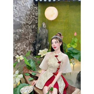 Set váy nữ kiểu trung hoa mặc chơi Tết duyên dáng áo tơ thêu hoa nút chéo kiểu phối chân váy tơ đỏ tầng
