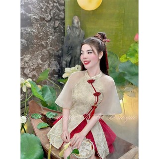 Set váy nữ kiểu trung hoa mặc chơi Tết duyên dáng áo tơ thêu hoa nút chéo kiểu phối chân váy tơ đỏ tầng