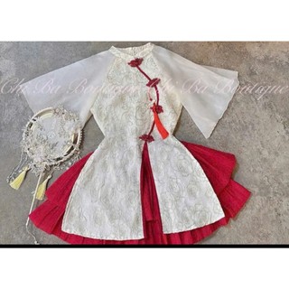 Set váy nữ kiểu trung hoa mặc chơi Tết duyên dáng áo tơ thêu hoa nút chéo kiểu phối chân váy tơ đỏ tầng