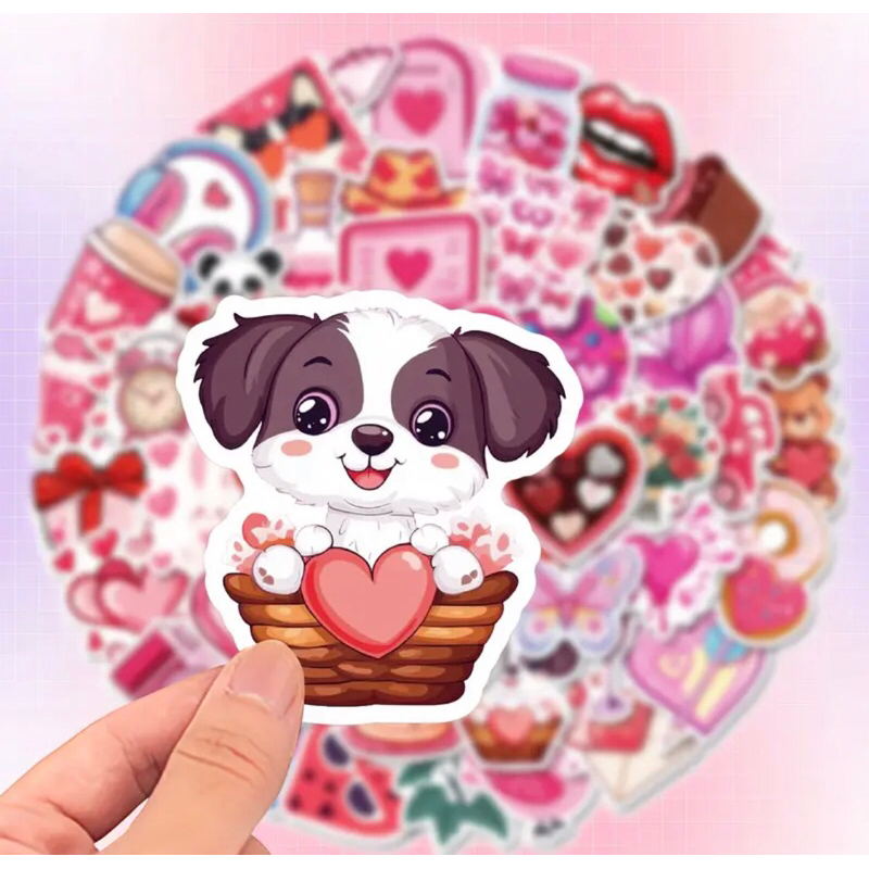 60 sticker chủ để tình yêu màu hồng cực xinh trang trí sổ tay note book laptop mũ bảo hiểm chống nước tốt