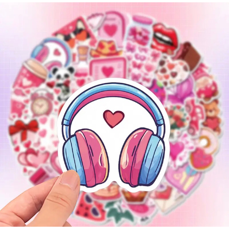 60 sticker chủ để tình yêu màu hồng cực xinh trang trí sổ tay note book laptop mũ bảo hiểm chống nước tốt