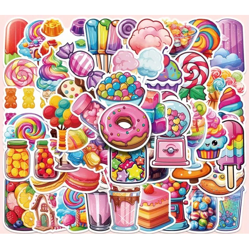 60 sticker đồ ăn kẹo ngọt chocolate  bánh donut kem  trang trí sổ tay note book laptop mũ bảo hiểm chống nước tốt