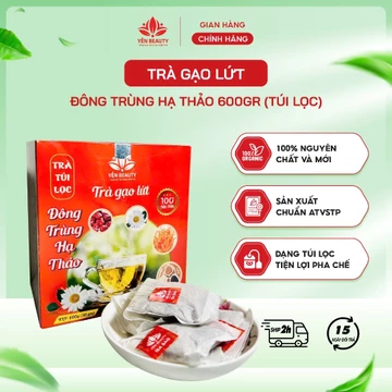 Trà gạo lứt túi lọc đông trùng hạ thảo YẾN BEAUTY hộp 600g 30 gói, Trà gạo rang giảm cân đông trùng thanh lọc cơ thể