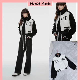 Áo Khoác Lông Cừu IO HU Mix Màu Khoá Kéo Chắc Chắn Eo Bo Chun Phối Sọc Ngang Freesize