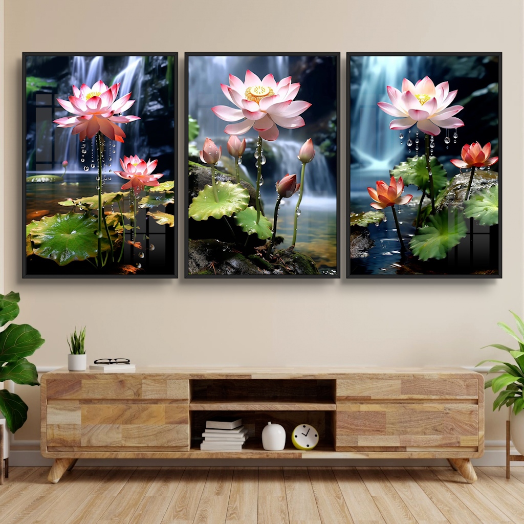Bộ 3 Tấm Tranh Hoa Sen Phật Giáo - Tranh Gỗ Tráng Gương Có Khung - Tráng Gương Treo Tường Hiện Đại