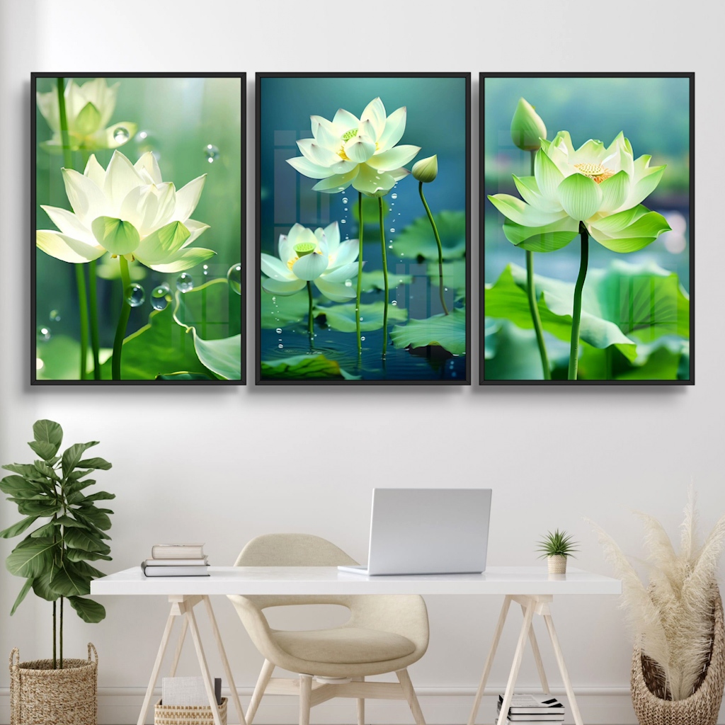 Bộ 3 Tấm Tranh Hoa Sen Phật Giáo - Tranh Gỗ Tráng Gương Có Khung - Tráng Gương Treo Tường Hiện Đại
