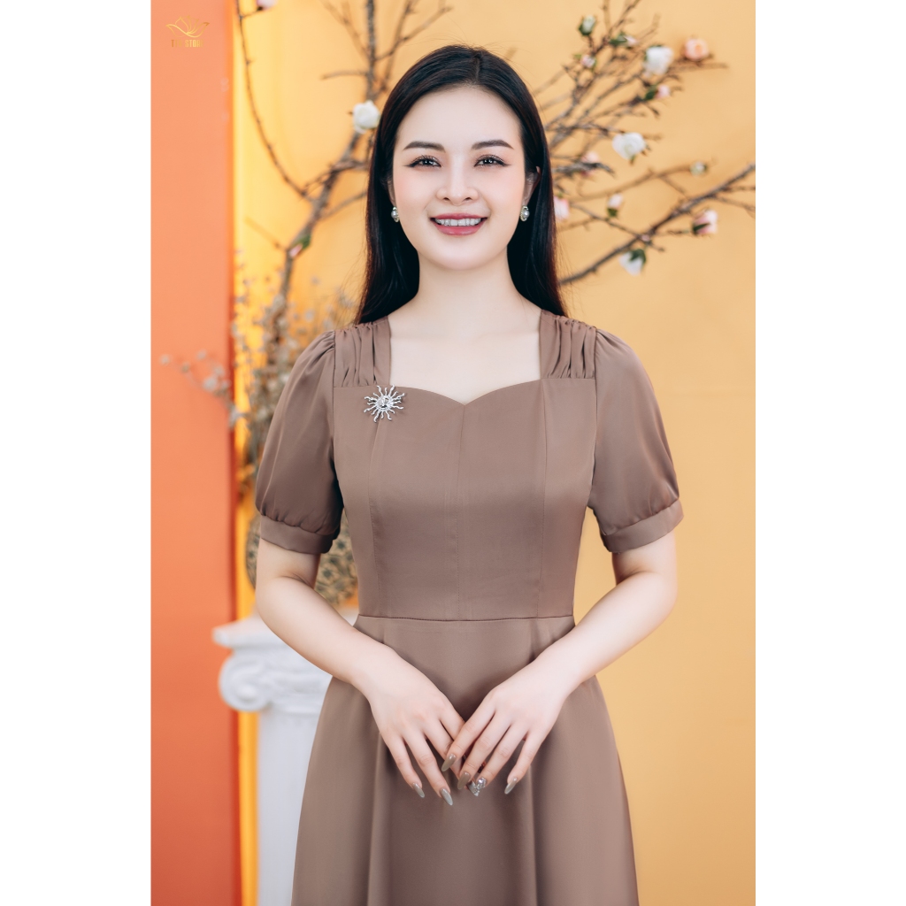 Ảnh Đầm xòe trung niên cho mẹ - Cổ vuông tim nhúng tay ngắn - Nâu cafe - TTV1773# 3