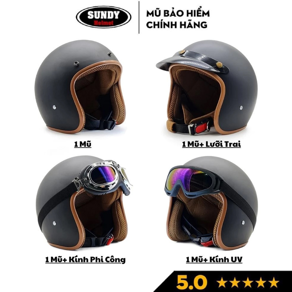 Ảnh Mũ bảo hiểm 3/4 đầu Sundy Helmets thời trang, an toàn kèm kính Phi Công, UV, nhiều màu cá tính, Freesize (55-58cm) 3