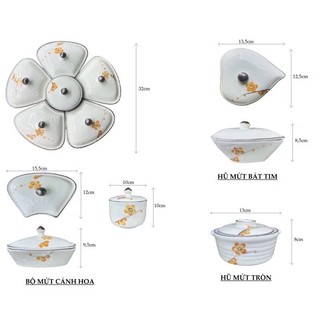 Bộ hũ mứt vẽ tay thủ công hình trái tim hoạ tiết sen, mai, đào cao cấp - Gốm sứ Bát Tràng - Gốm Việt