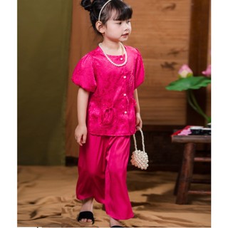 Set Bộ Áo bà ba gấm tay Bí cúc ngọc + quần lụa bóng mềm mịn Cho Bé Gái Mặc Trung Thu, Lễ Tết, Pháp Phục BB05 - BEEKIDS