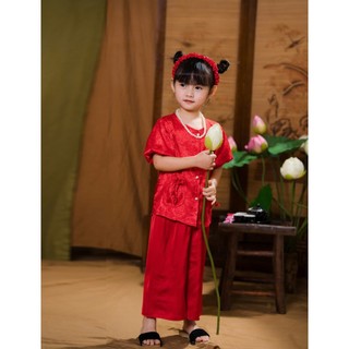 Set Bộ Áo bà ba gấm tay Bí cúc ngọc + quần lụa bóng mềm mịn Cho Bé Gái Mặc Trung Thu, Lễ Tết, Pháp Phục BB05 - BEEKIDS