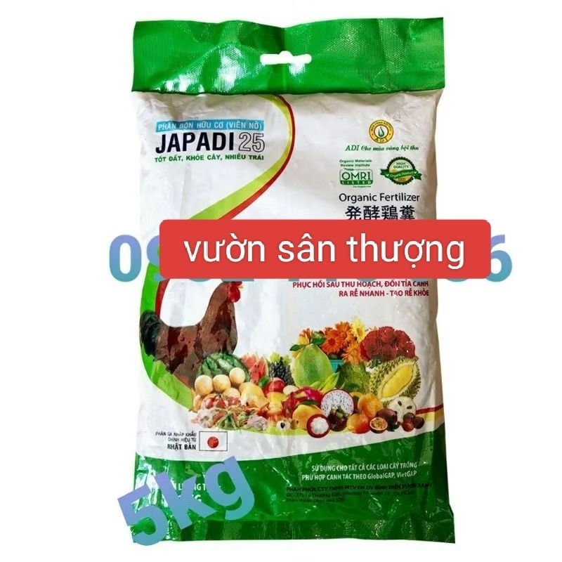 Phân Gà Hữu Cơ Viên Nở Nhật  Bản Japadi 25 (5kg) Bón Lót và thúc Cho Rau, Củ Quả, Cây Cảnh, Hoa Hồng,...