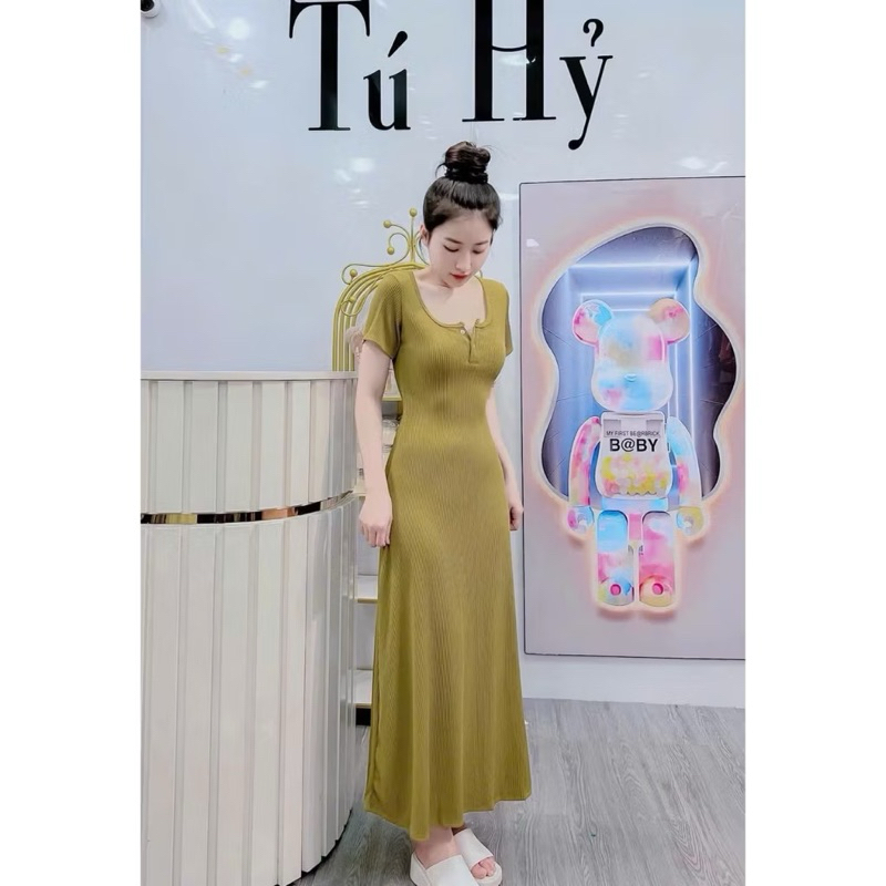 L812- Set đầm váy suông dáng dài  tay ngắn phối nút gài chất thun gân dáng xoè